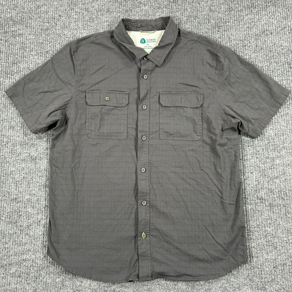 Sierra Designs Mens Button Down Outdoor Shirt XL Gray Short Sleeve Dual Pocket